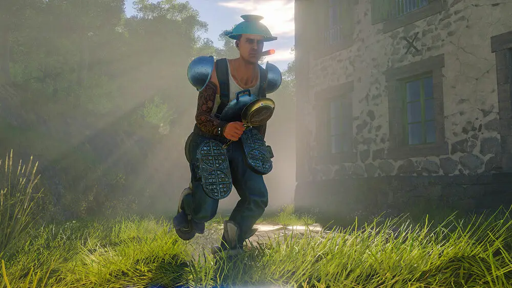 Un giocatore corre indossando una pentola come elmetto e padelle come armatura in CRSED: Cuisine Royale