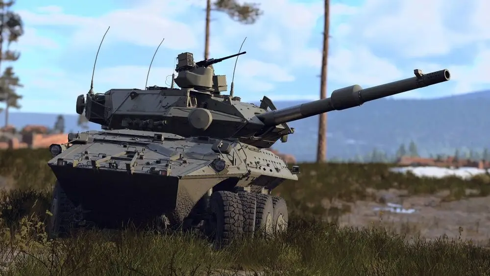 Un cacciacarri corazzato punta il cannone in un campo erboso durante una battaglia di War Thunder